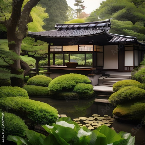 A Japanese tea house nestled within a serene garden1