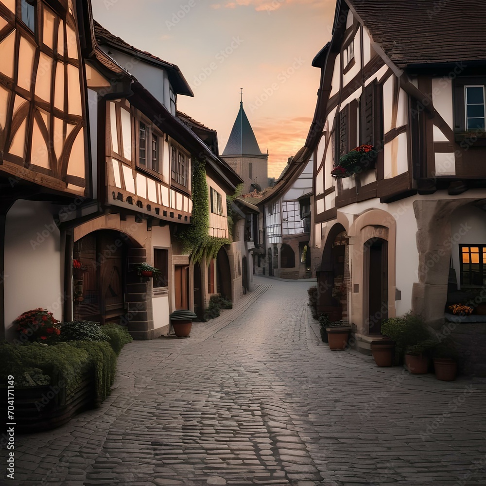 A European medieval town with cobbled streets and half-timbered houses1