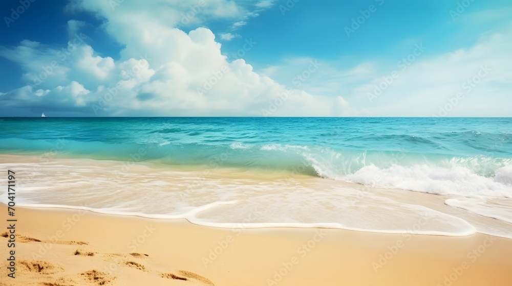 Tropical summer sand beach on sea sky background, copy space.