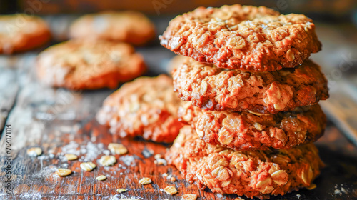 Anzac Biscuits, traditionally made with oats, coconut, flour, sugar and butter, associated with Anzac to honor Australian soldiers, food concept, generative ai photo