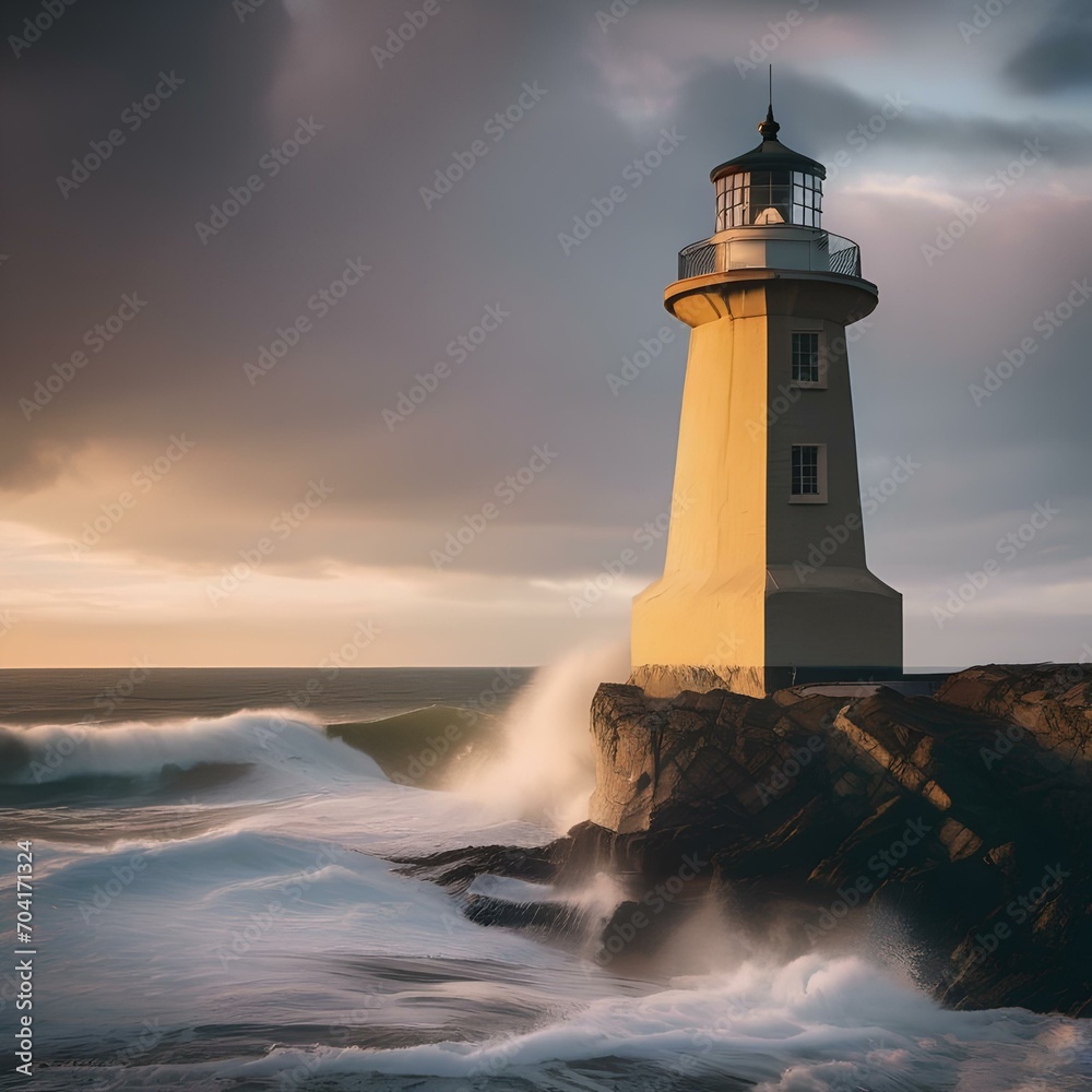 A quaint coastal lighthouse standing against crashing waves3