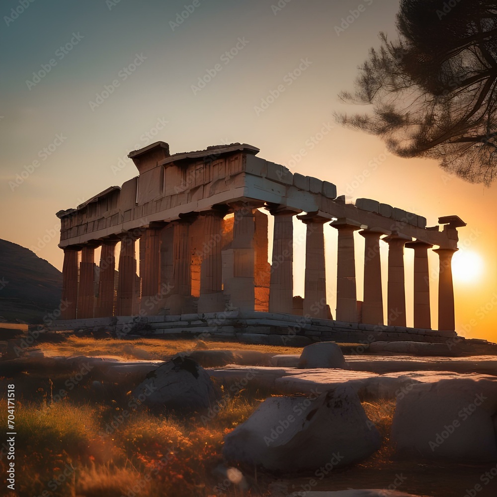 Obraz premium An ancient Greek temple ruins silhouetted against a vibrant sunset2