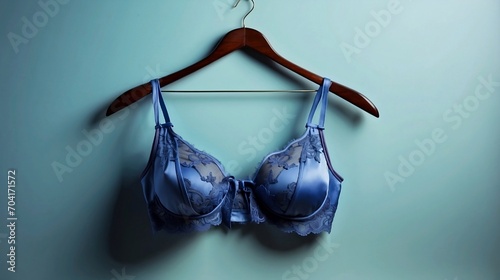 Women's padded dark blue bra hanged on the hanger isolated on light blue background created with generative ai photo