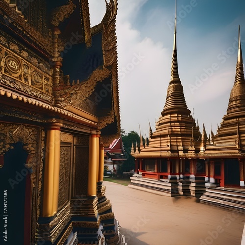 A traditional Thai temple complex with ornate spires and golden decorations1