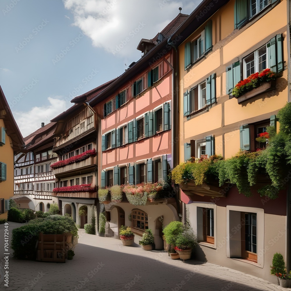A traditional Bavarian village with half-timbered houses and flower-filled balconies1