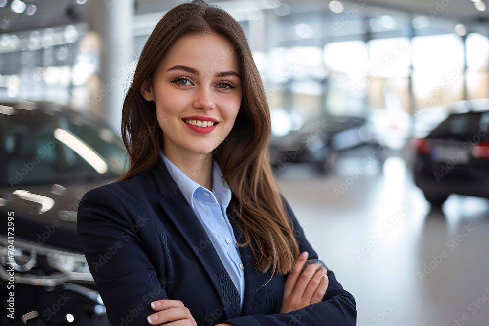 Professional luxury car saleswoman in luxury showroom. Auto dealership