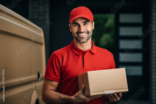 Delivery courier service. Delivery man in red cap and uniform holding a cardboard box near a van truck delivering to customer home. Smiling man postal delivery man delivering a package. © Artinun