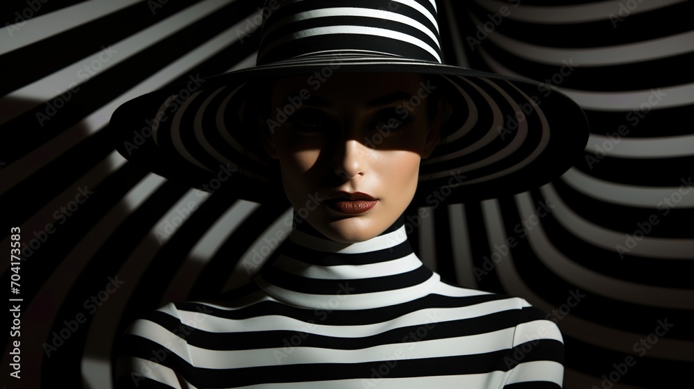 Black and white portrait of a woman wearing a striped hat and turtleneck Black and white portrait of a woman wearing a striped hat and turtleneck