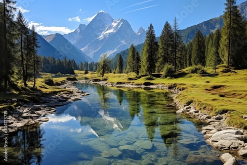 Mountain stream in the Alps with snow capped mountain in the distance