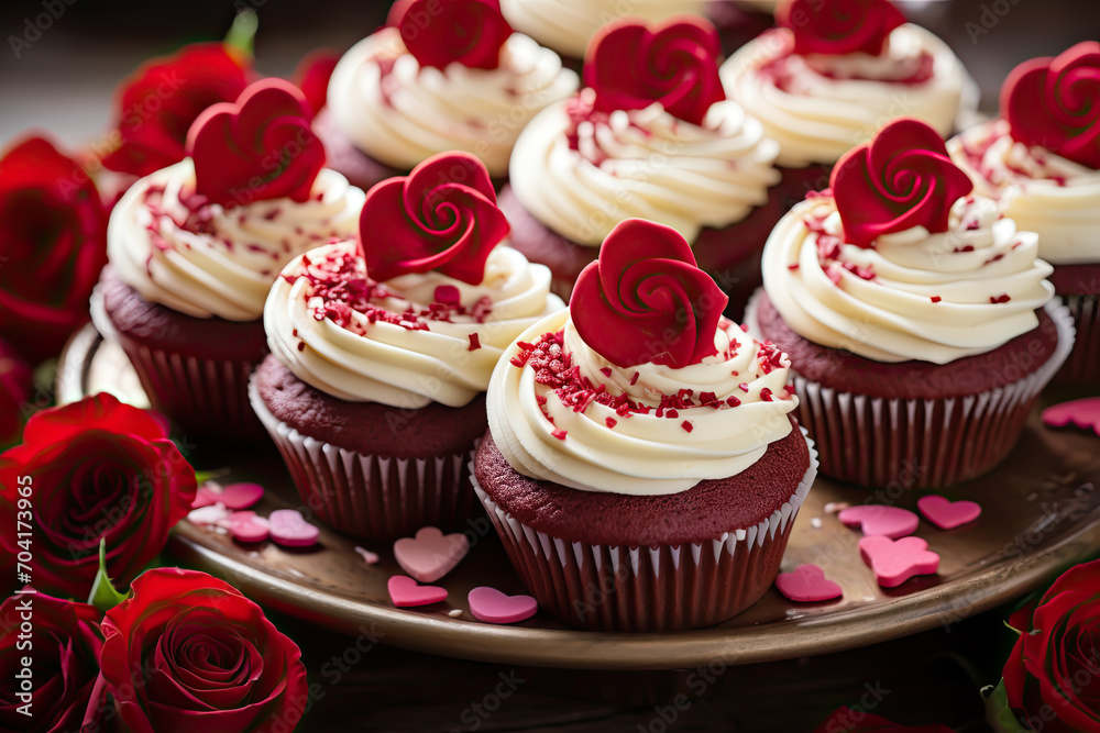 Heart-Shaped Red Velvet Cupcakes with Roses Close-up, Valentines day recipes