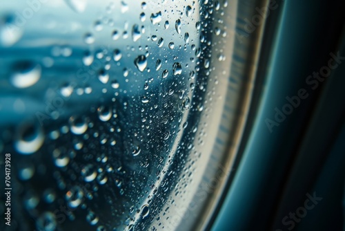 Close-up view of water droplets on the airplane window, shot from the seat, before take-off. photo