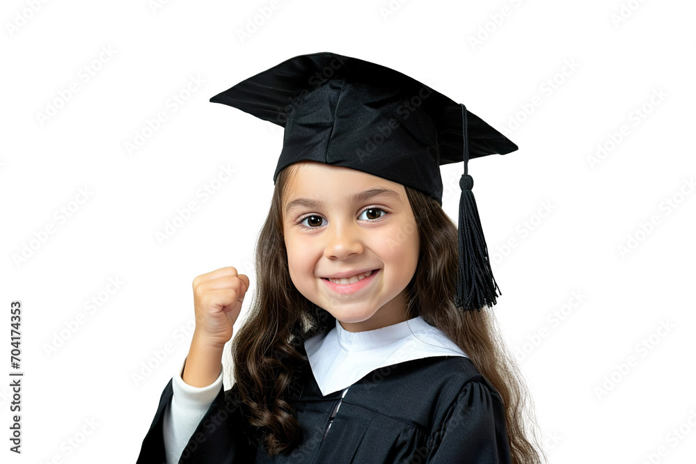 The young girl holds her fist up. Smiling. graduation clothes. white background isolated PNG The young girl holds her fist up. Smiling. graduation clothes. white background isolated PNG