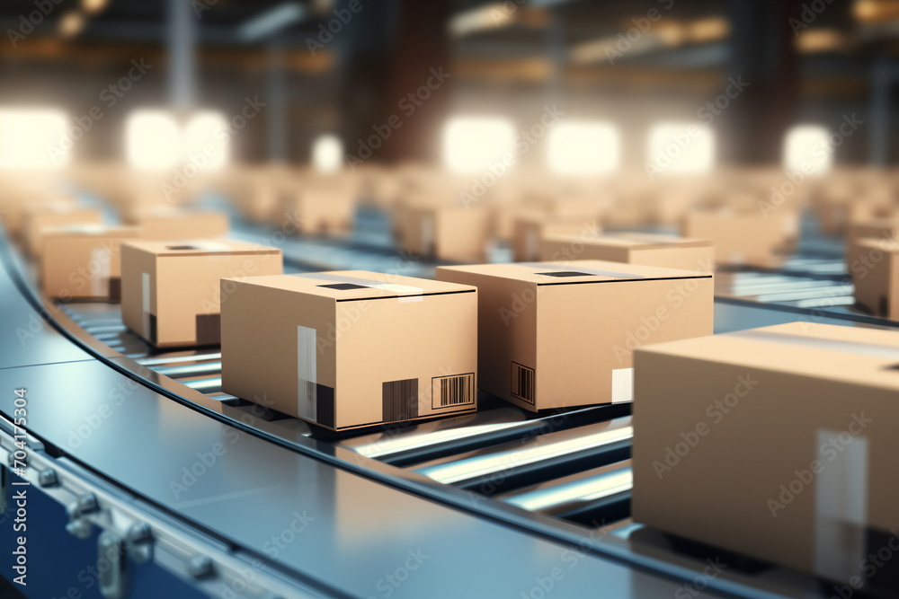 Packages on a conveyor belt in a warehouse Packages on a conveyor belt in a warehouse