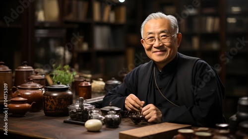 Portrait of a smiling elderly Asian man in traditional clothing