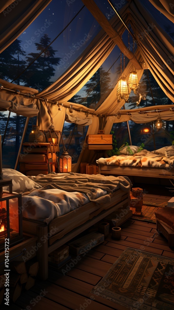 Cozy bedroom interior with two beds in a tent
