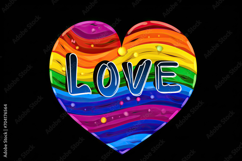 Rainbow heart with love and pride text over rainbow colors