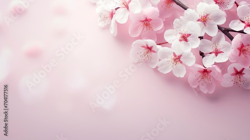 Horizontal banner with pink cherry blossoms on bright background. Beautiful nature spring background with cherry blossom branch. Copy space for text - generative ai