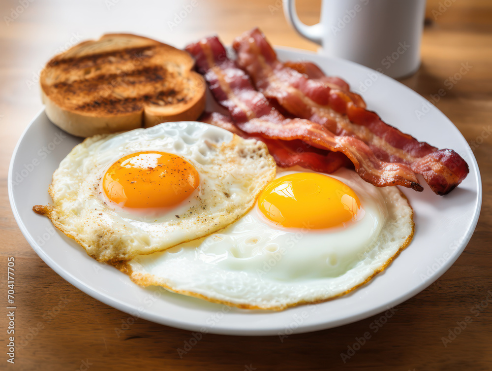 Breakfast of eggs, bread and bacon in the morning