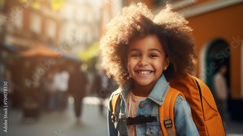 Happy School Girl with Curly Hair and Backpack photo