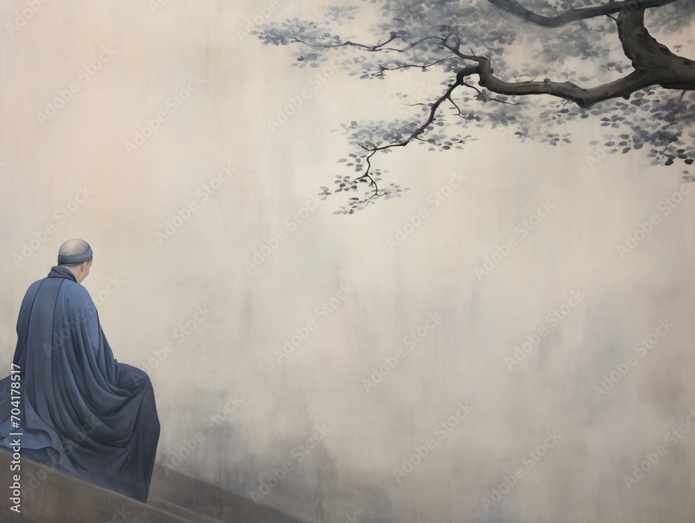 A Solitary Monk Meditates in a Misty Forest A Solitary Monk Meditates in a Misty Forest