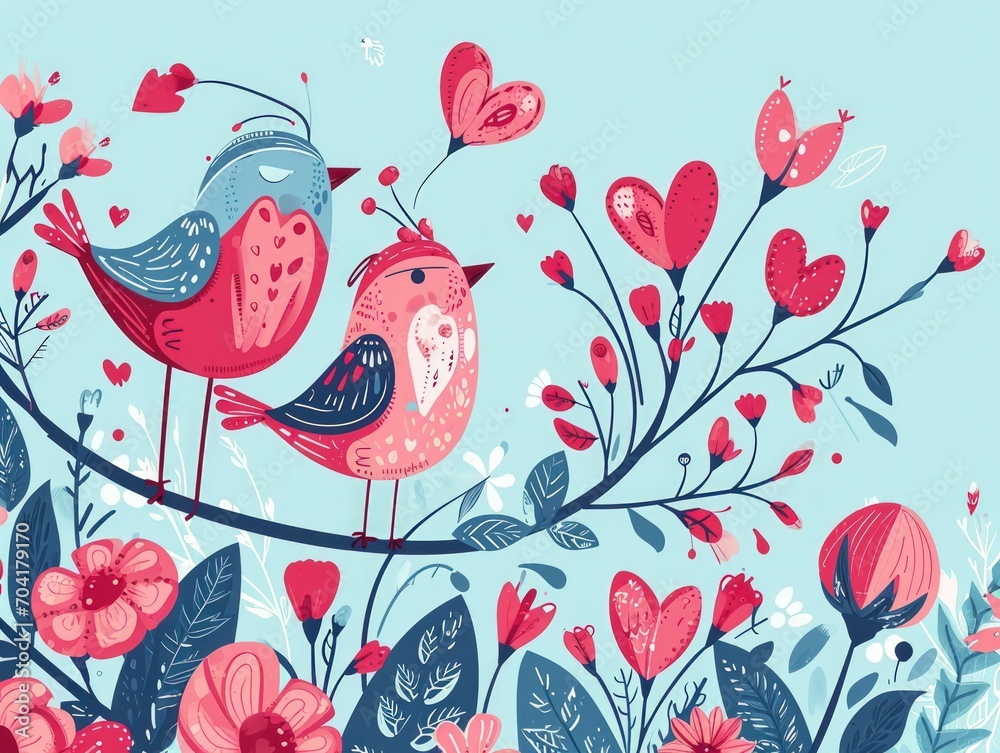 Whimsical Lovebirds with Valentine's Floral Hearts Wallpaper. Generative AI Illustration.