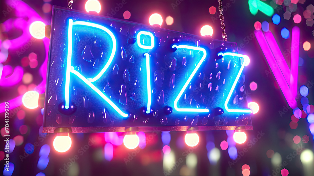 Rizz written in illuminated neon lights sign. Gen Z slang for charisma ...