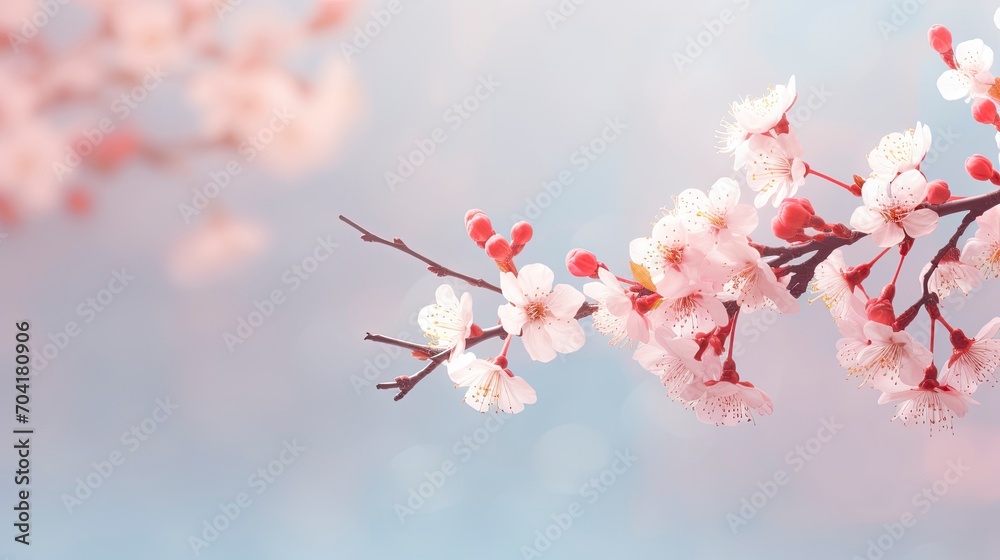 Horizontal banner with pink cherry blossoms on bright background. Beautiful nature spring background with cherry blossom branch. Copy space for text - generative ai Horizontal banner with pink cherry blossoms on bright background. Beautiful nature spring background with cherry blossom branch. Copy space for text - generative ai
