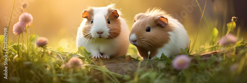 Two cute white and orange guinea pigs are sitting in the grass among flowers, a banner, a place for text.