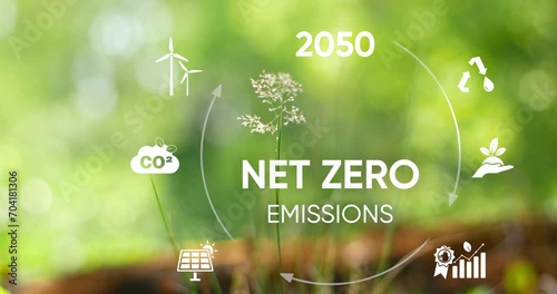 Net zero and carbon neutral concept. Net zero greenhouse gas emissions target. Climate neutral long term strategy on a green background.4k video