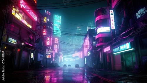A dark and rainy street in a cyberpunk city with neon lights and skyscrapers