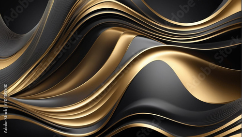 Abstract futuristic black and gold background with waved design.