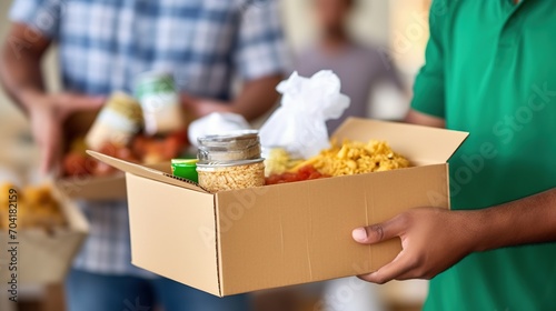 Hand Holding a Box of Donated Food Items