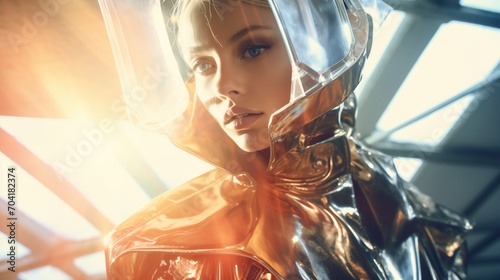 portrait of a young blonde woman wearing a futuristic silver outfit photo