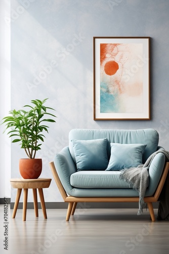 blue sofa and painting of red circle,