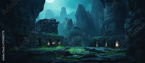 Moonlit Ancient Stone Ruins Amidst Mountain Peaks