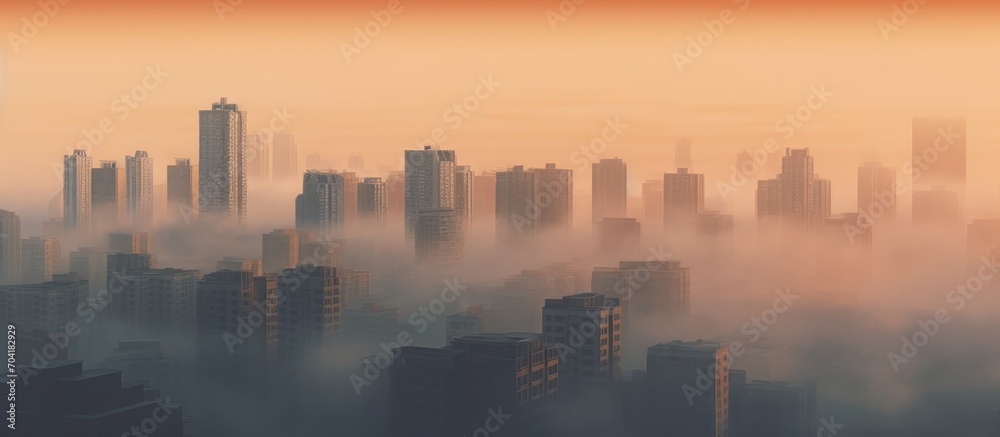 Obraz premium The city buildings are covered in thick fog, with a background of the glow of the rising sun, orange and blue