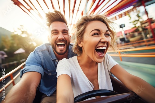 Couple laughing while riding a roller coaster © duyina1990