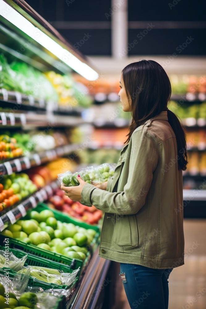A young woman is shopping for green apples in a grocery store
