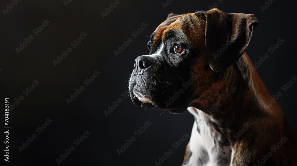 Close-up portrait of cool looking boxer dog isolated on dark smoke background.