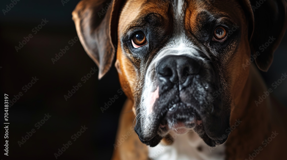 Close-up portrait of cool looking boxer dog isolated on dark smoke background.