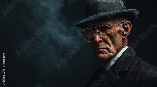 Close-up portrait of cool looking old man wearing hat, suit and tie isolated on dark smoke background.
