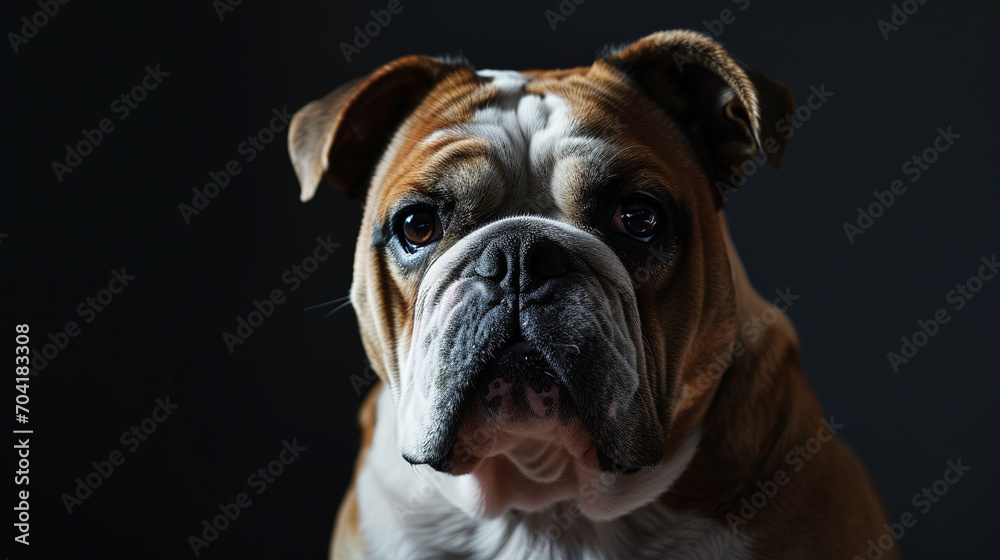 Close-up portrait of cool looking bulldog dog isolated on dark background with copy space.