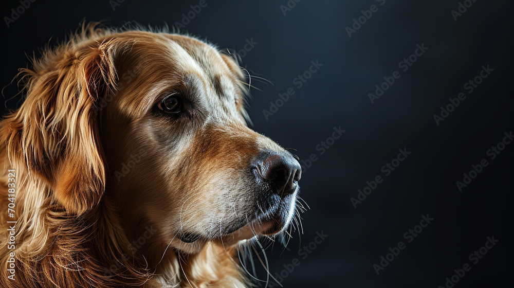 Obraz premium Close-up portrait of cool looking golden retriever dog isolated on dark background with copy space.