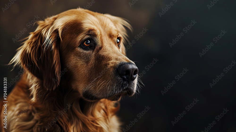Close-up portrait of cool looking golden retriever dog isolated on dark background with copy space.
