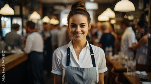 Portrait of a smiling waitress in a busy restaurant © duyina1990