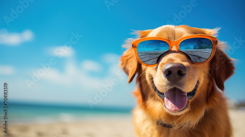 cool looking golden retriever dog wearing sunglasses at the beach, Funny and adorable dog during summer time.