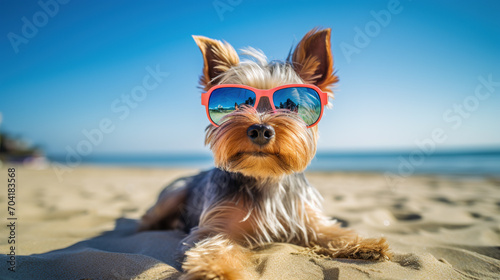 cool looking yorkshire terrier dog wearing sunglasses at the beach, Funny and adorable dog during summer time. © Tepsarit