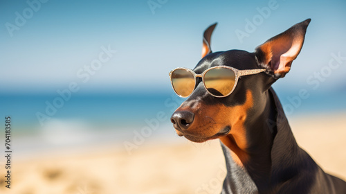 cool looking doberman pinscher dog wearing sunglasses at the beach, Funny and adorable dog during summer time.