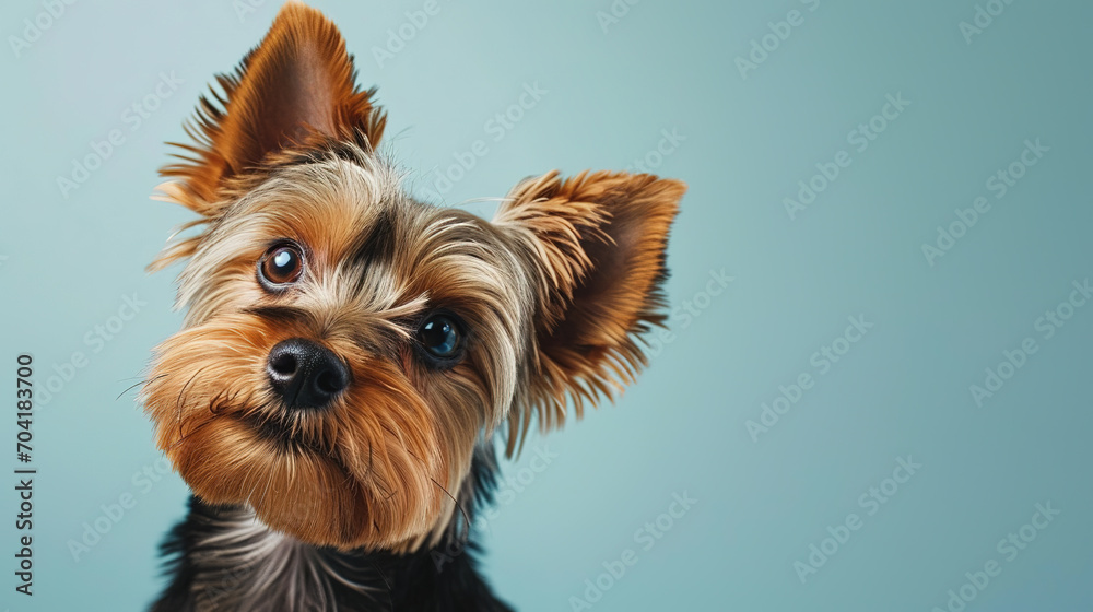 Fototapeta premium Adorable yorkshire terrier puppy with curious questioning face isolated on light blue background with copy space.