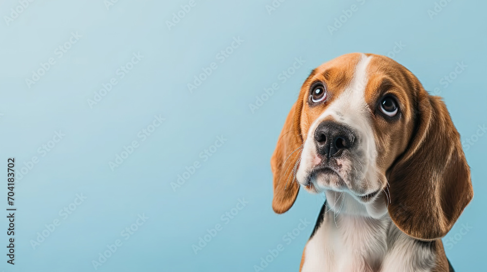 Adorable beagle puppy with curious questioning face isolated on light blue background with copy space.